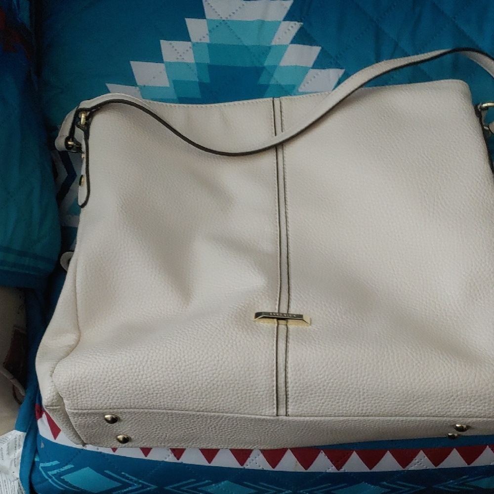 Anne Klein Cream Shoulder Bag with Metal Bar Detail